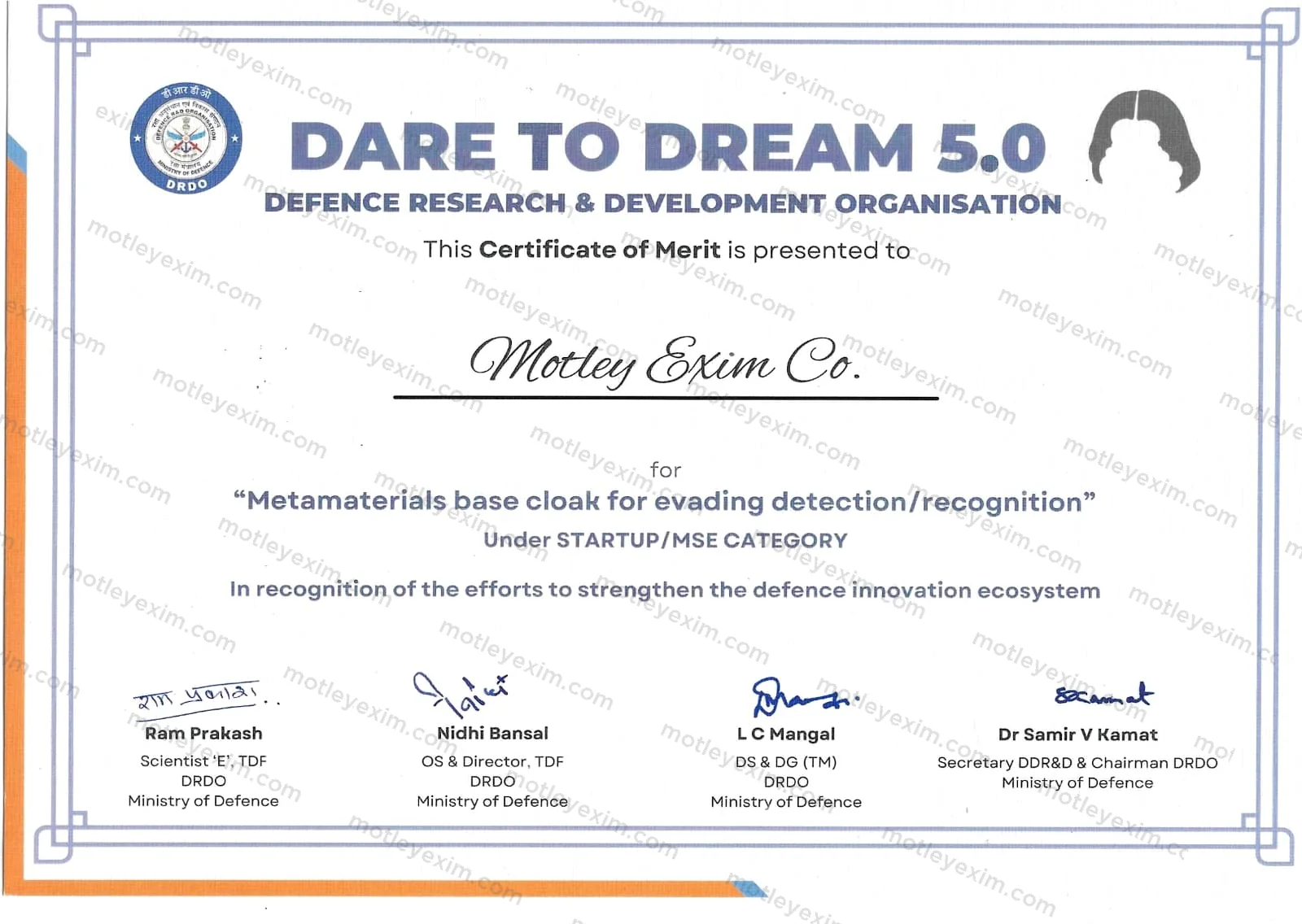 DRDO Dare to Dream 5.0 Certificate of Merit awarded to Motley Exim Co. under the Startup/MSE category for a metamaterials-based cloak for evading detection and recognition.